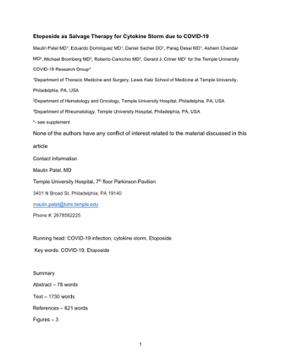 Etoposide as Salvage Therapy for Cytokine Storm due to COVID-19